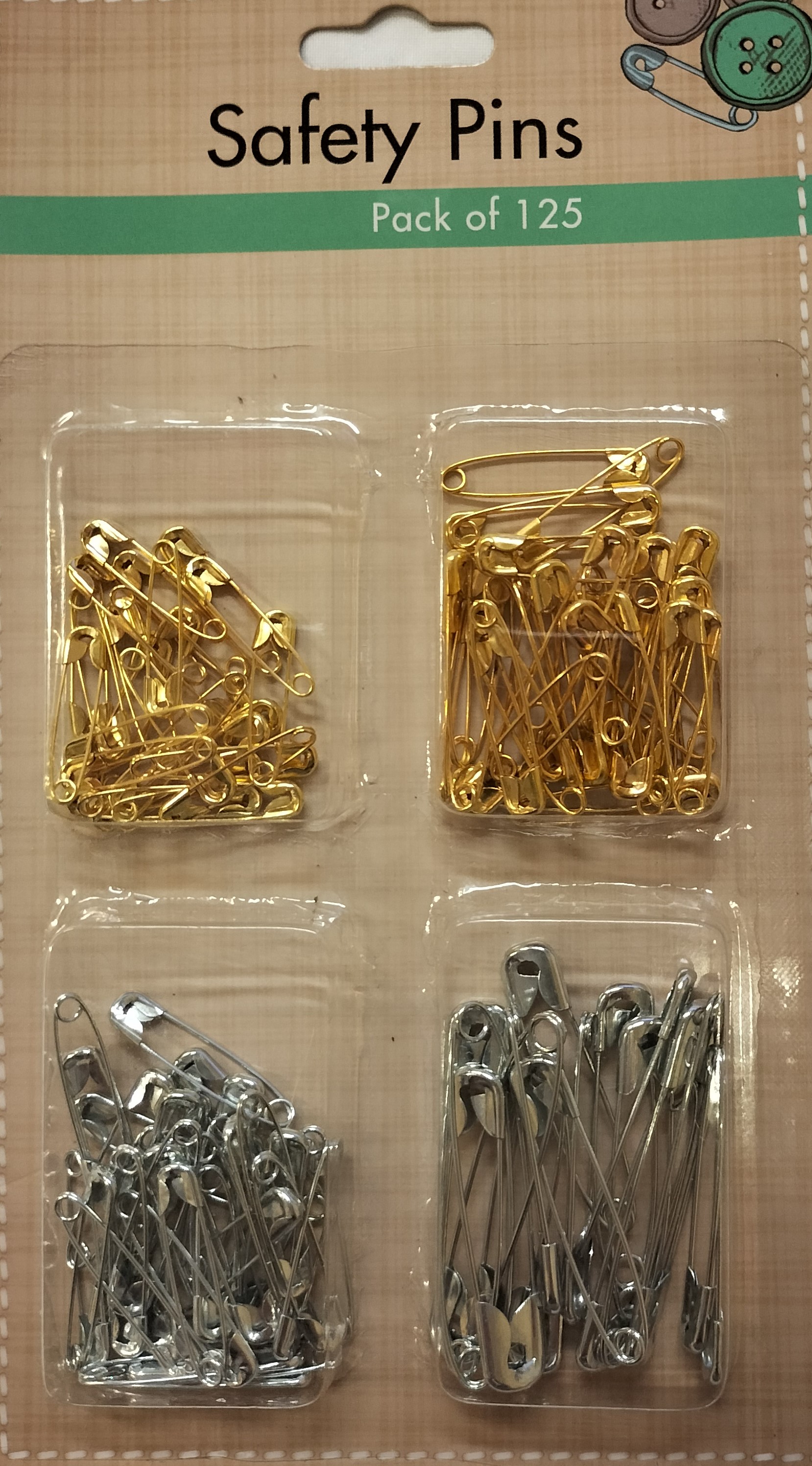 Safety Pins Gold & Silver Asst Sizes Pk 125